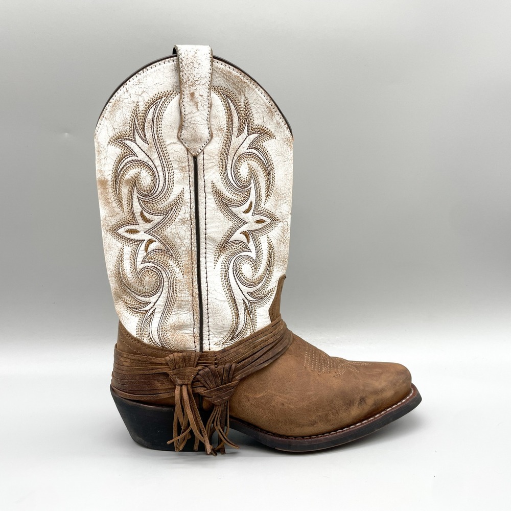 Laredo Womens 6.5 M Myra Western Cowboy Boots Fringe Brown White Leather Cowgirl